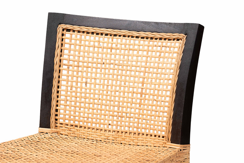 Azmi Modern Bohemian Dark Brown Mahogany Wood and Natural Rattan Counter Stool