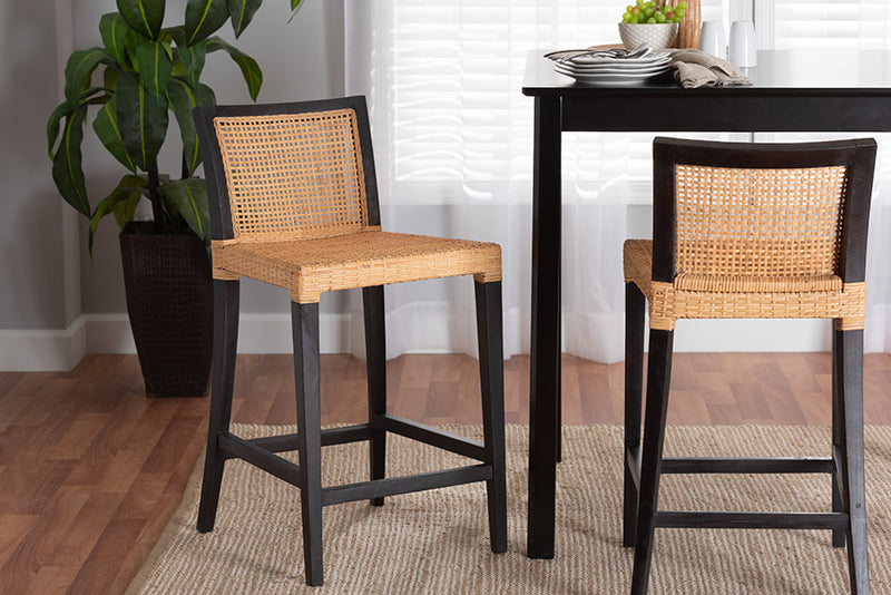 Azmi Modern Bohemian Dark Brown Mahogany Wood and Natural Rattan Counter Stool