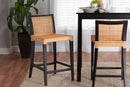 Azmi Dark Brown Mahogany Wood and Natural Rattan Counter Stool Baxton