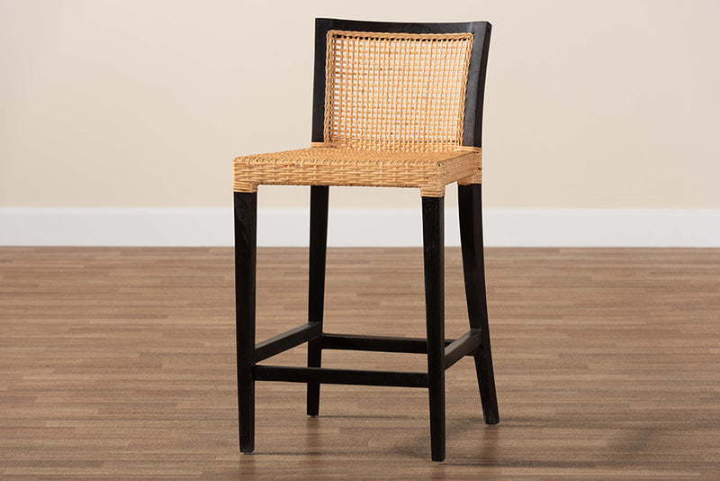 Azmi Modern Bohemian Dark Brown Mahogany Wood and Natural Rattan Counter Stool