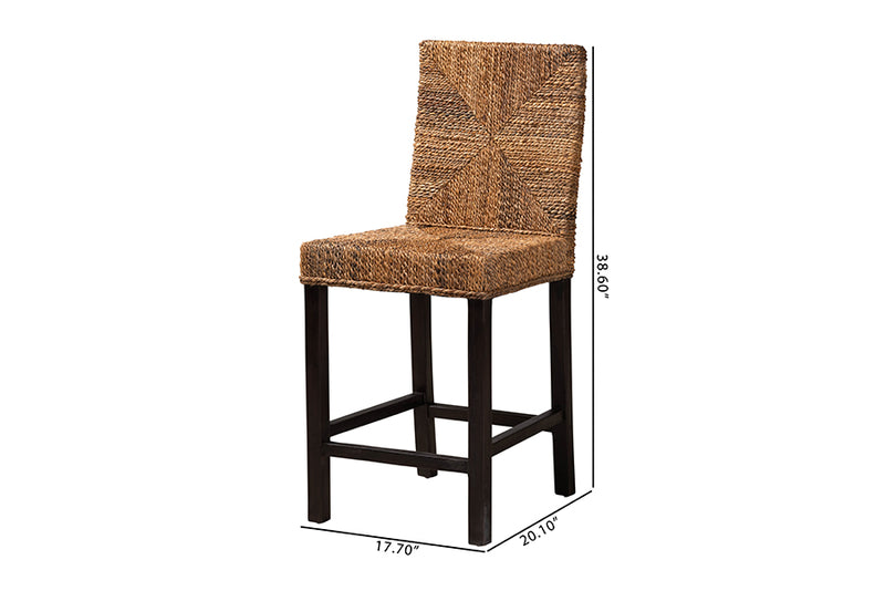 Arnold Modern Bohemian Dark Brown Mahogany Wood and Seagrass Counter Stool