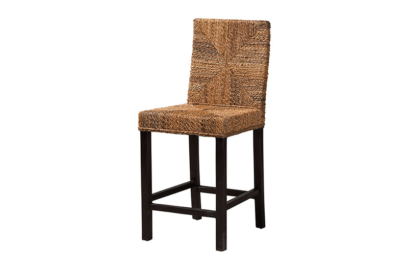 Arnold Modern Bohemian Dark Brown Mahogany Wood and Seagrass Counter Stool