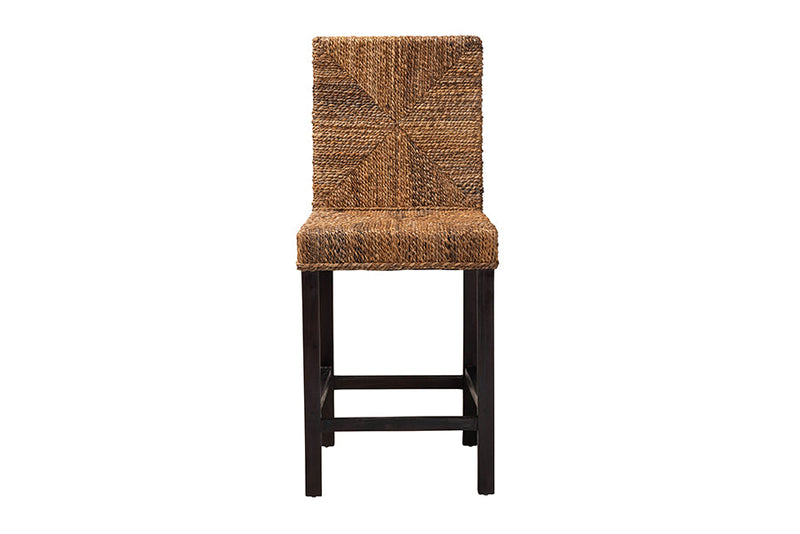 Arnold Dark Brown Mahogany Wood and Seagrass Counter Stool Baxton