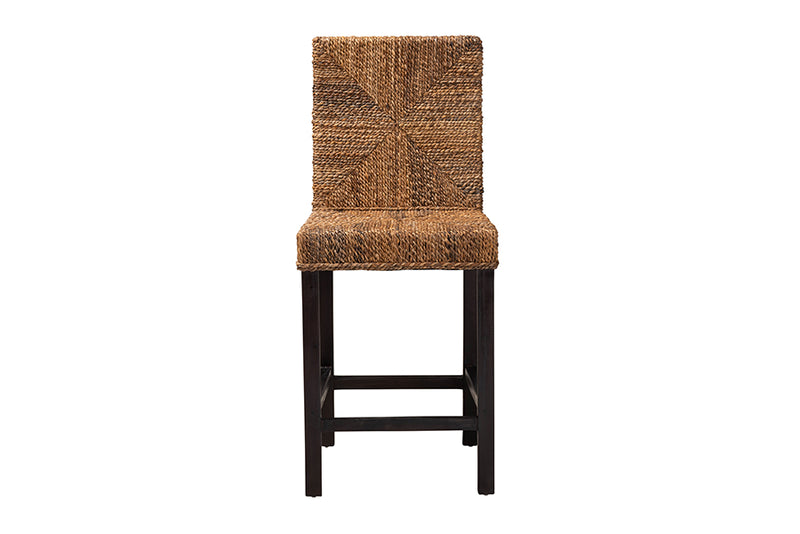 Arnold Modern Bohemian Dark Brown Mahogany Wood and Seagrass Counter Stool