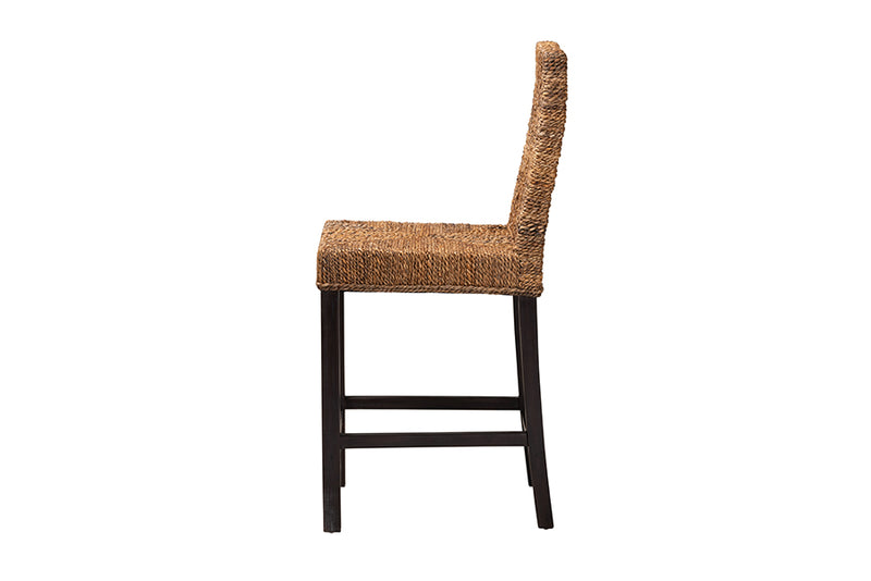 Arnold Modern Bohemian Dark Brown Mahogany Wood and Seagrass Counter Stool