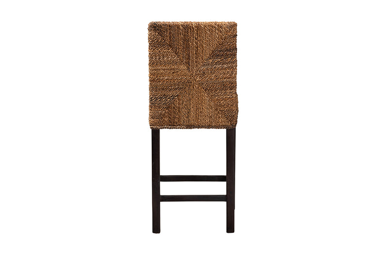 Arnold Modern Bohemian Dark Brown Mahogany Wood and Seagrass Counter Stool