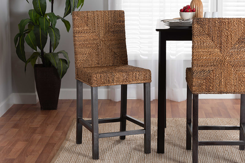 Arnold Modern Bohemian Dark Brown Mahogany Wood and Seagrass Counter Stool