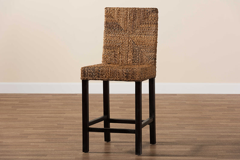 Arnold Modern Bohemian Dark Brown Mahogany Wood and Seagrass Counter Stool