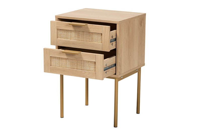 Maila Japandi Light Brown and Gold Metal 2-Drawer End Table Baxton
