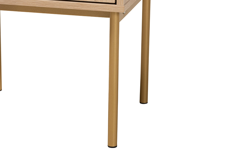 Maila Japandi Light Brown Finished Wood and Gold Metal 2-Drawer End Table