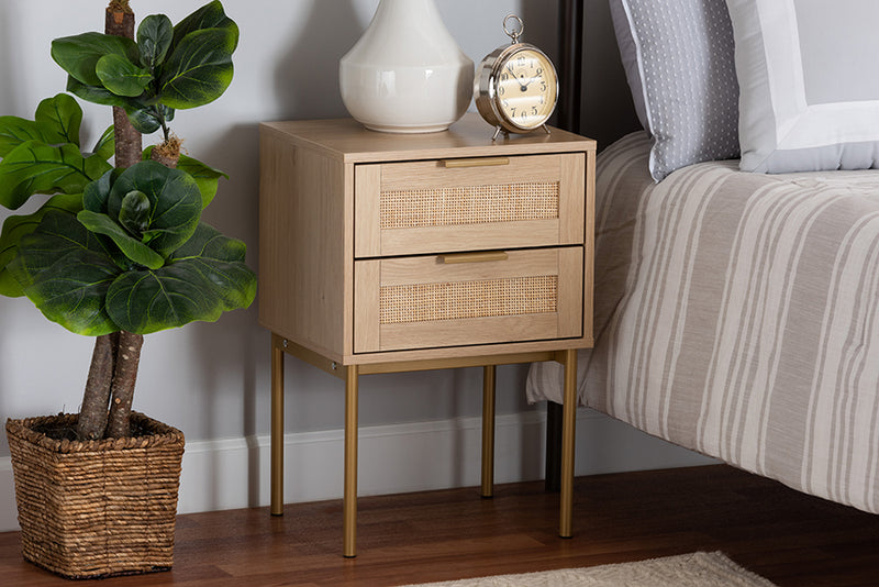 Maila Japandi Light Brown Finished Wood and Gold Metal 2-Drawer End Table