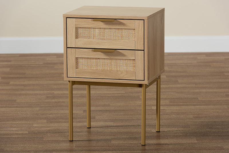 Maila Japandi Light Brown and Gold Metal 2-Drawer End Table Baxton