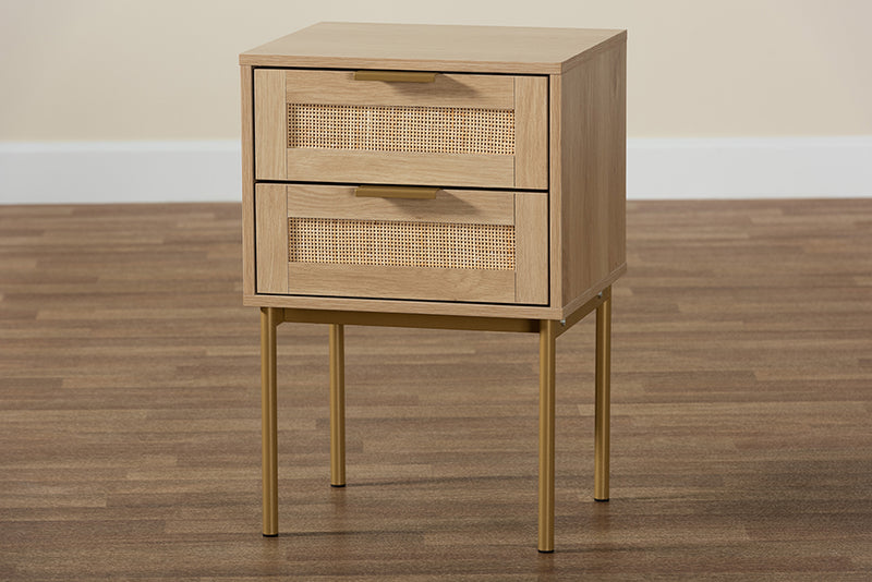 Maila Japandi Light Brown Finished Wood and Gold Metal 2-Drawer End Table