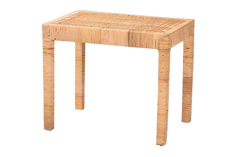 Enzo Modern Bohemian Natural Rattan and Mahogany Wood Short Accent Bench