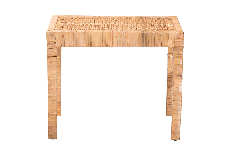 Enzo Modern Bohemian Natural Rattan and Mahogany Wood Short Accent Bench