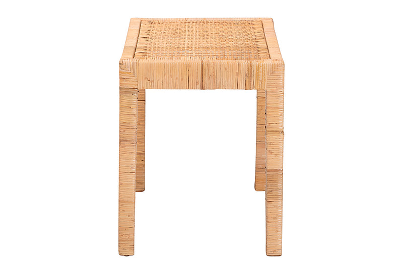 Enzo Modern Bohemian Natural Rattan and Mahogany Wood Short Accent Bench