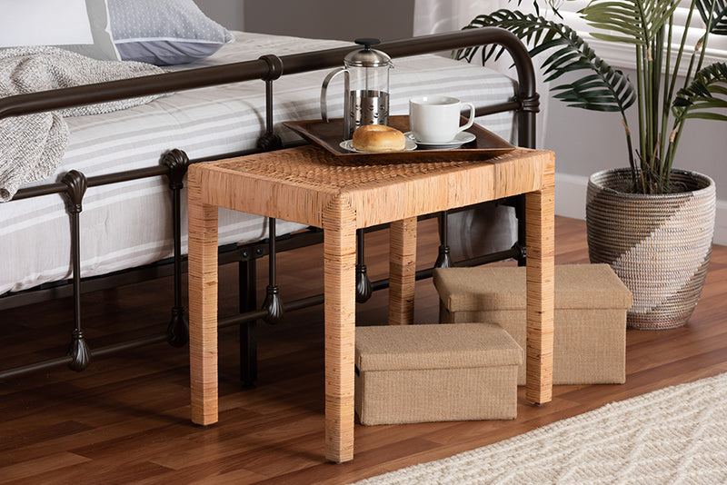 Enzo Modern Bohemian Natural Rattan and Mahogany Wood Short Accent Bench