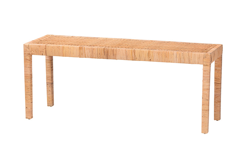 Enzo Modern Bohemian Natural Rattan and Mahogany Wood Long Accent Bench