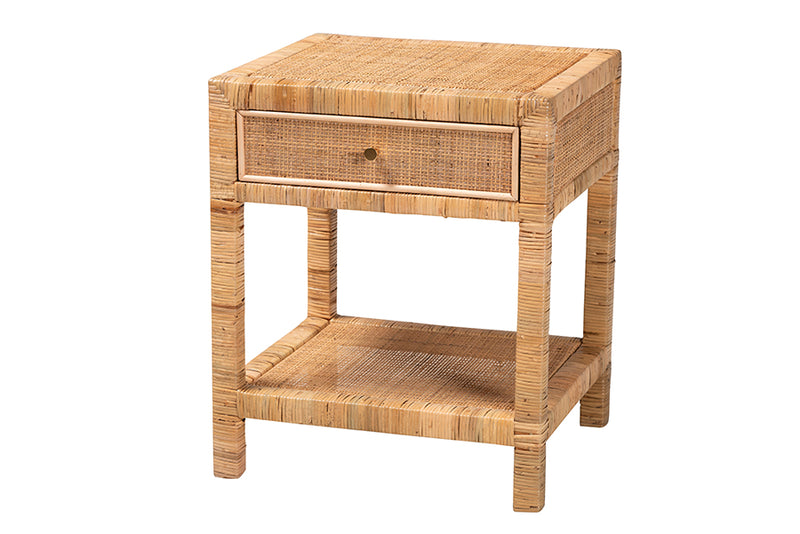 Alina Modern Bohemian Natural Rattan and Mahogany Wood 1-Drawer Nightstand