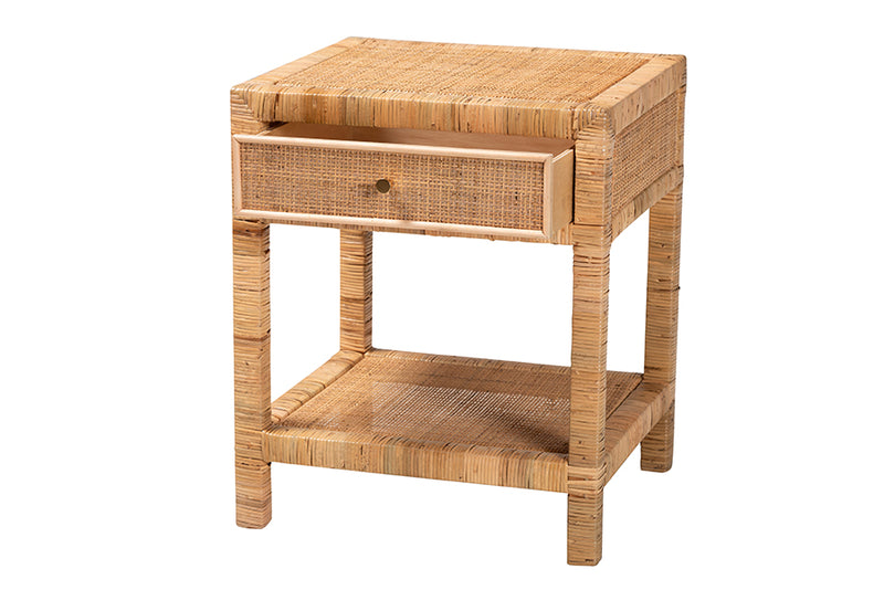 Alina Modern Bohemian Natural Rattan and Mahogany Wood 1-Drawer Nightstand