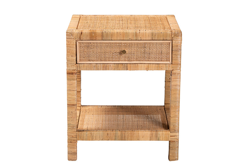 Alina Modern Bohemian Natural Rattan and Mahogany Wood 1-Drawer Nightstand