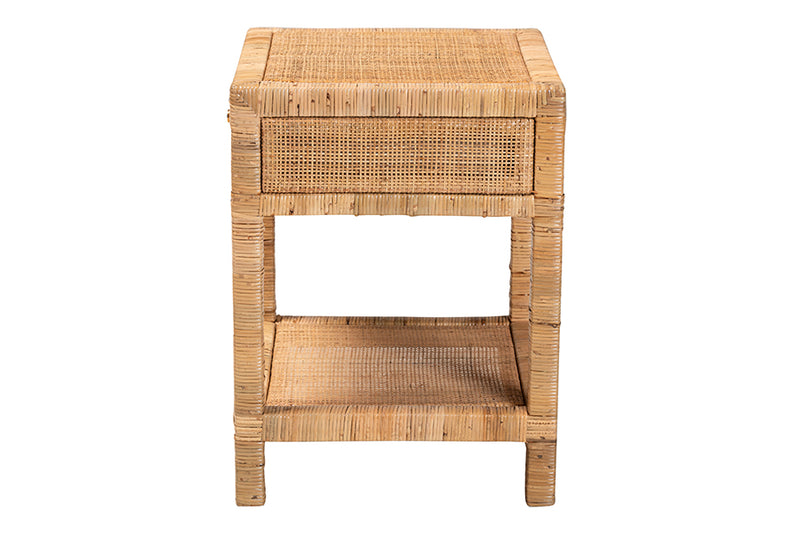 Alina Modern Bohemian Natural Rattan and Mahogany Wood 1-Drawer Nightstand