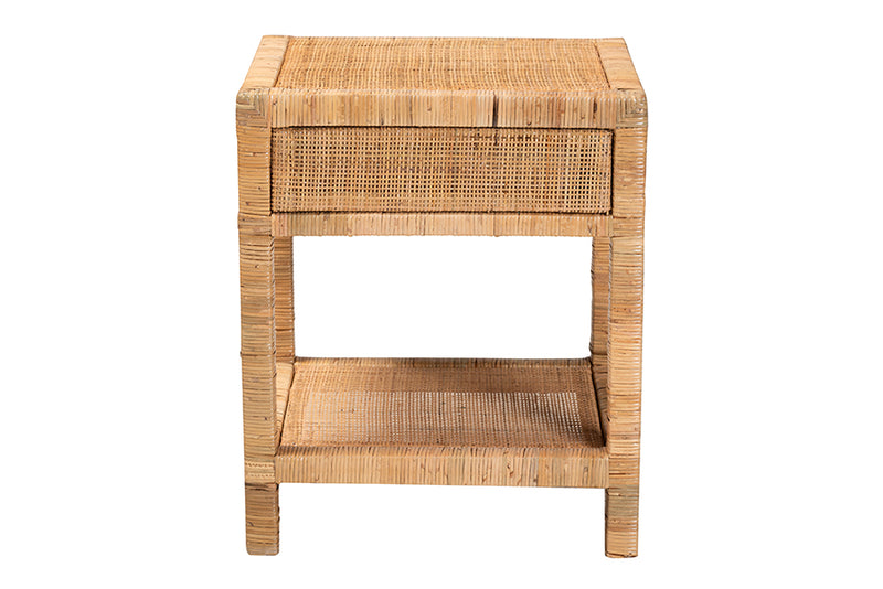 Alina Modern Bohemian Natural Rattan and Mahogany Wood 1-Drawer Nightstand