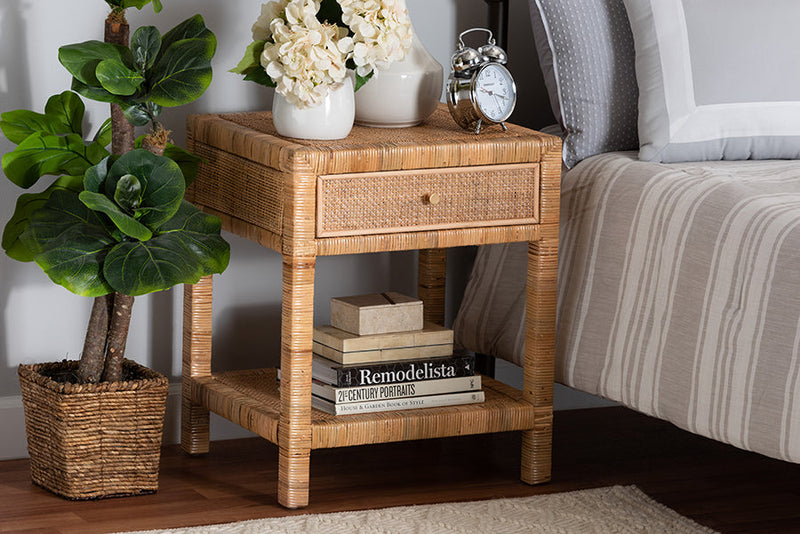 Alina Natural Rattan and Mahogany Wood 1-Drawer Nightstand Baxton