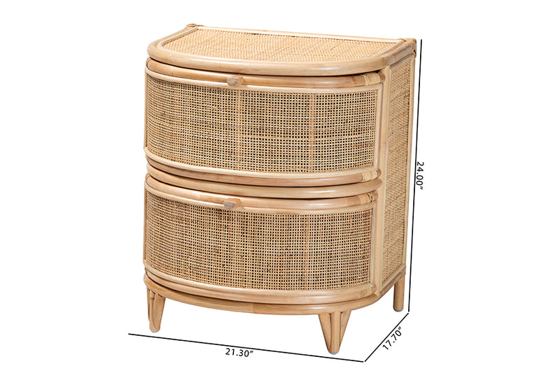 Embla Modern Bohemian Natural Brown Rattan 2-Drawer Nightstand