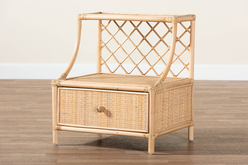 Mina Modern Bohemian Natural Brown Rattan 1-Drawer Nightstand