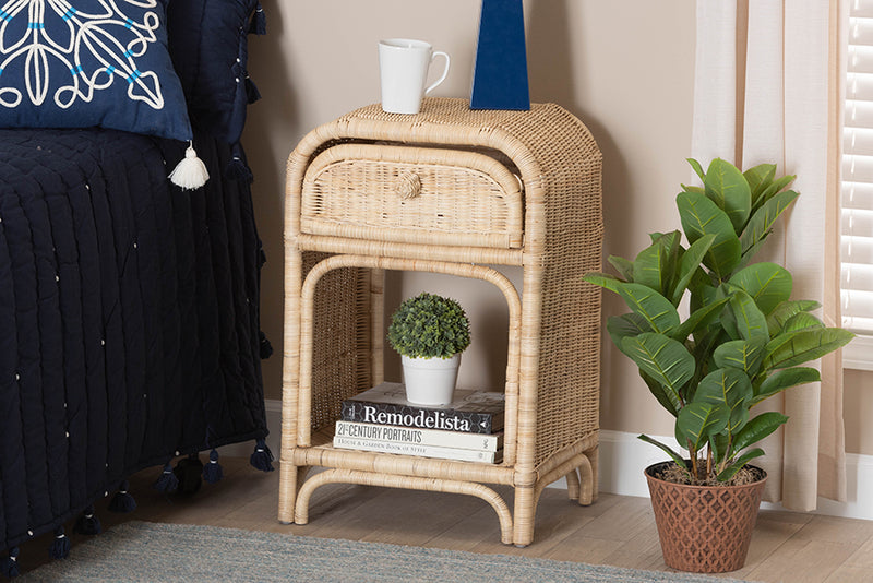 Calypso Modern Bohemian Natural Brown Rattan 1-Drawer Nightstand