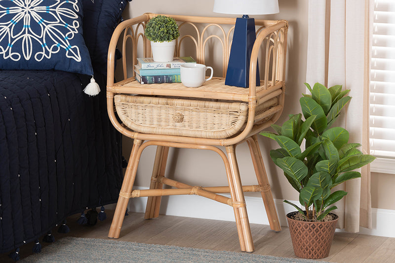 Caron Modern Bohemian Natural Brown Rattan Nightstand