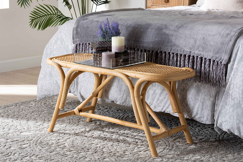 Darcy Modern Bohemian Natural Brown Rattan Accent Bench