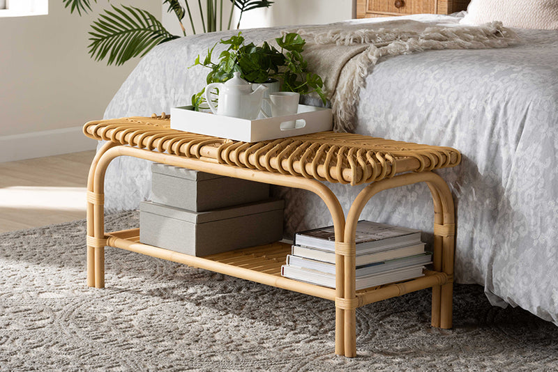 Torin Modern Bohemian Natural Brown Rattan Accent Bench