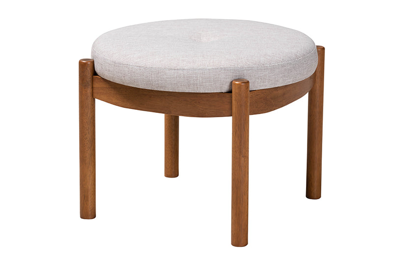 Geneva Japandi Greyish Beige Fabric and Walnut Brown Finished Wood Ottoman Footstool