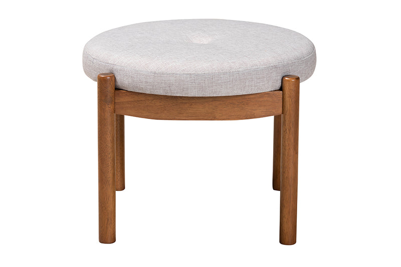 Geneva Japandi Greyish Beige Fabric and Walnut Brown Finished Wood Ottoman Footstool