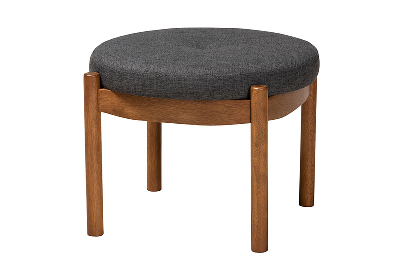 Geneva Japandi Dark Gray Fabric and Walnut Brown Finished Wood Ottoman Footstool