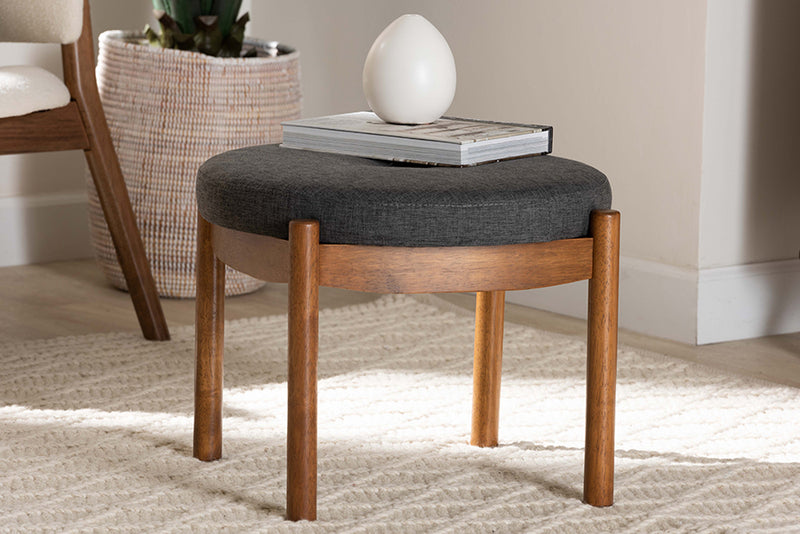 Geneva Japandi Dark Gray Fabric and Walnut Brown Finished Wood Ottoman Footstool