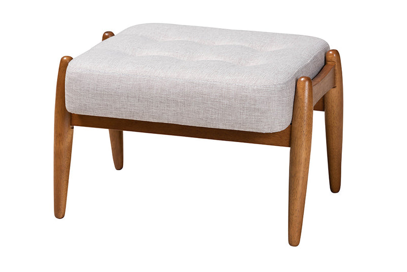 Clarke Japandi Greyish Beige Fabric and Walnut Brown Ottoman Footstool Baxton