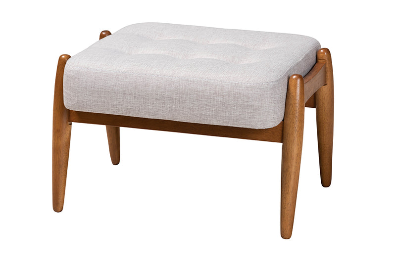 Clarke Japandi Greyish Beige Fabric and Walnut Brown Finished Wood Ottoman Footstool