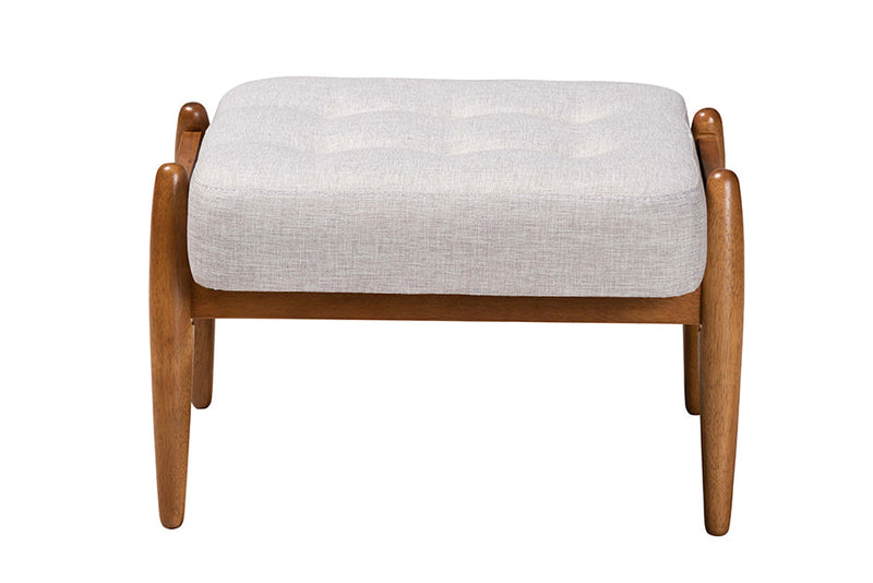 Clarke Japandi Greyish Beige Fabric and Walnut Brown Ottoman Footstool Baxton