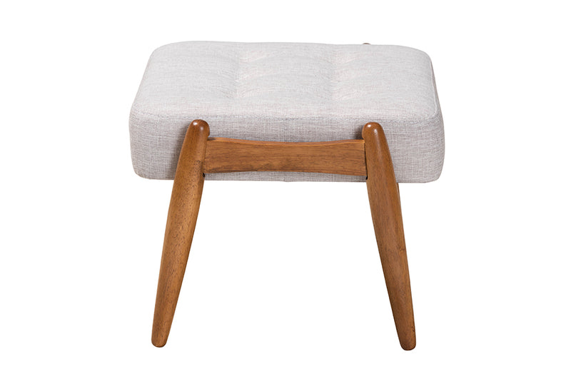 Clarke Japandi Greyish Beige Fabric and Walnut Brown Finished Wood Ottoman Footstool