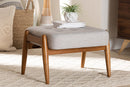 Clarke Japandi Greyish Beige Fabric and Walnut Brown Ottoman Footstool Baxton