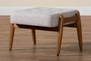 Clarke Japandi Greyish Beige Fabric and Walnut Brown Ottoman Footstool Baxton