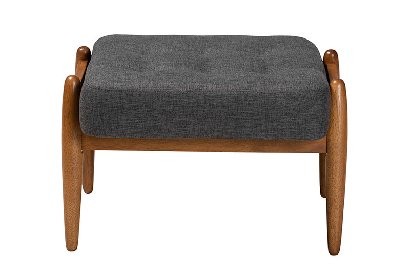 Clarke Japandi Dark Gray Fabric and Walnut Brown Finished Wood Ottoman Footstool