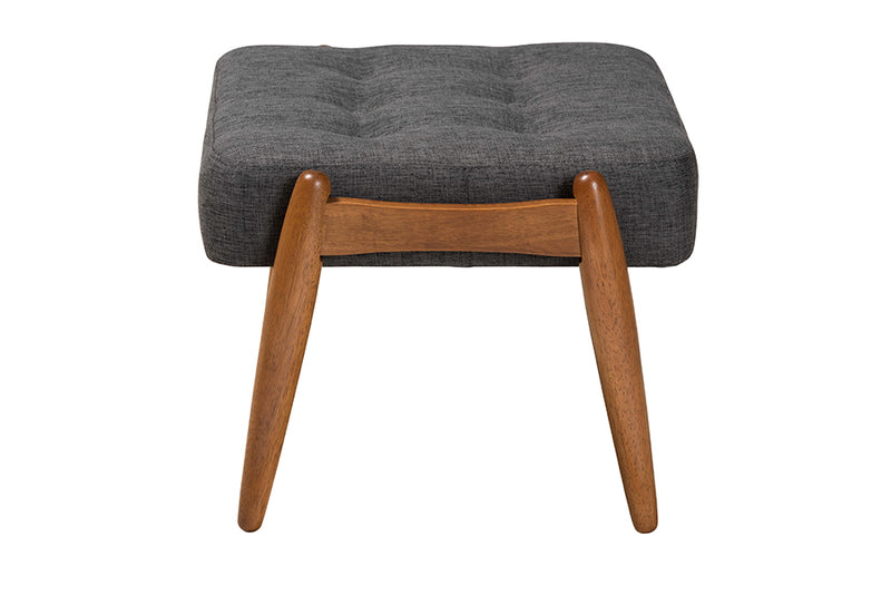 Clarke Japandi Dark Gray Fabric and Walnut Brown Finished Wood Ottoman Footstool