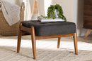 Clarke Japandi Dark Gray Fabric and Walnut Brown Ottoman Footstool Baxton