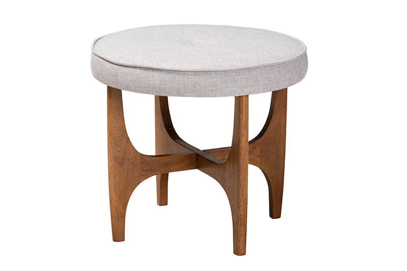 Porsha Japandi Greyish Beige Fabric and Walnut Brown Ottoman Footstool Baxton