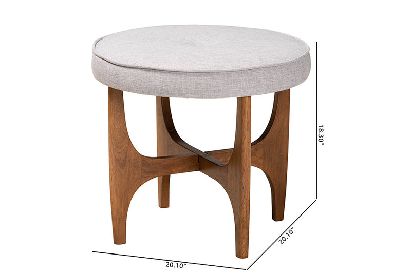 Porsha Japandi Greyish Beige Fabric and Walnut Brown Ottoman Footstool Baxton