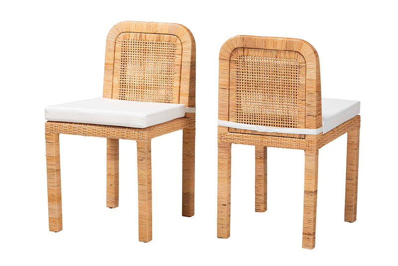 Bryn Modern Bohemian Natural Brown Rattan and Mahogany Wood 2-Piece Dining Chair Set